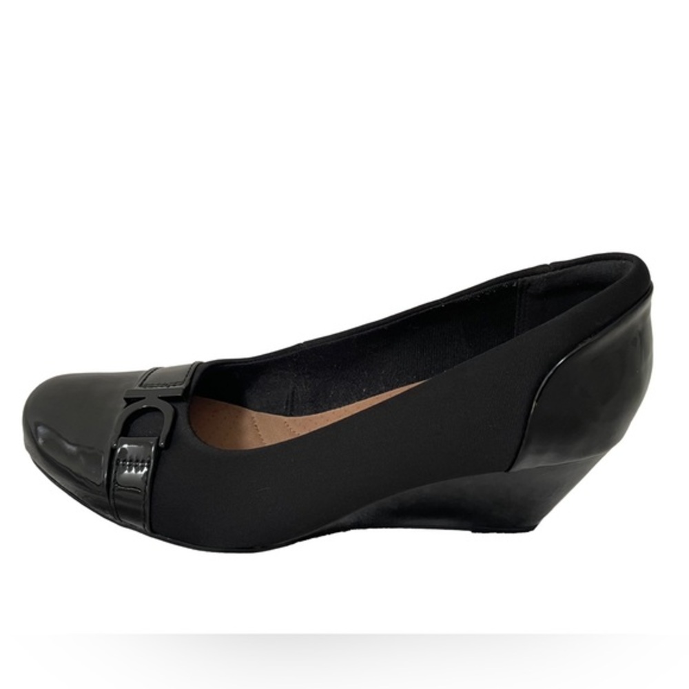 Clarks Black Wedge Pump with Patent Accent